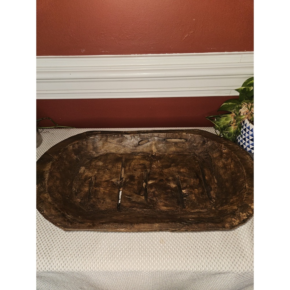 Vintage Rustic Wooden Dough Bowl Hand Carved Rough Hewn Farmhouse Brown